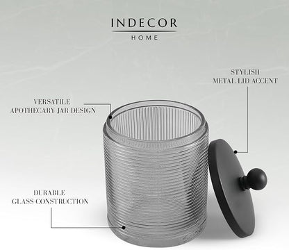 Gray Colored Tranlucent Apothecary Ribbed Geo Etched Glass Jar W/Matte Black - Image 6