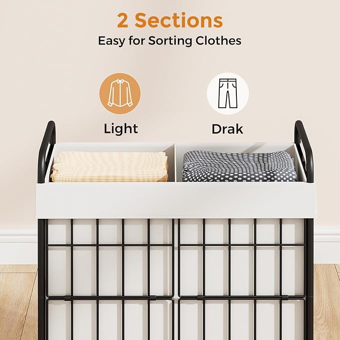 2 Section Laundry Hamper with Wheels and Brake, 100L Laundry Sorter Cart with 2 - Image 3
