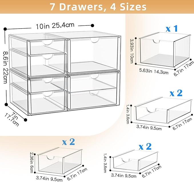 Stackable Storage Drawers, Acrylic Organizers, 7 Drawers | Makeup Organizer - Image 3