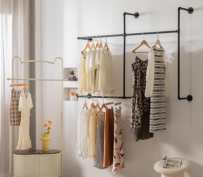 Industrial Pipe Clothing Rack Heavy Duty Wall Mounted Clothes Rack, Pipe - Image 2