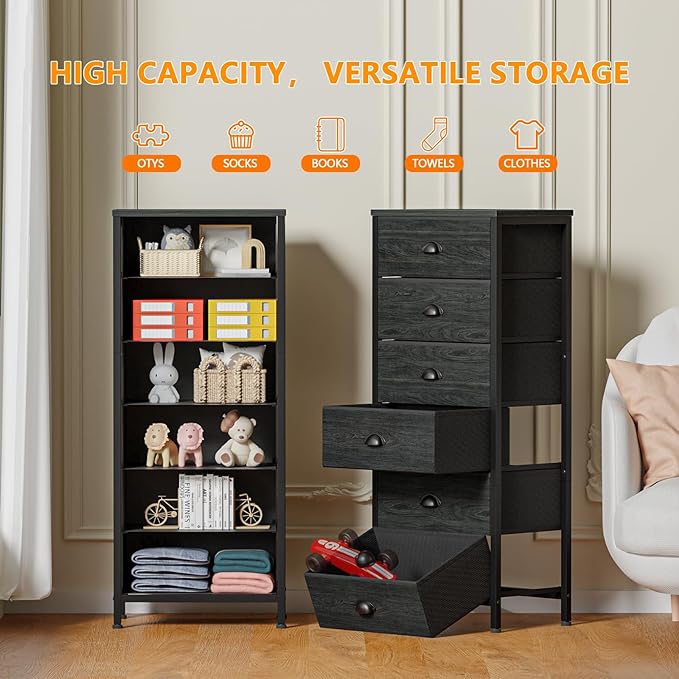 Furnulem Tall Dresser with 6 Drawers, Vertical Bedside End Table & Chest - Image 4