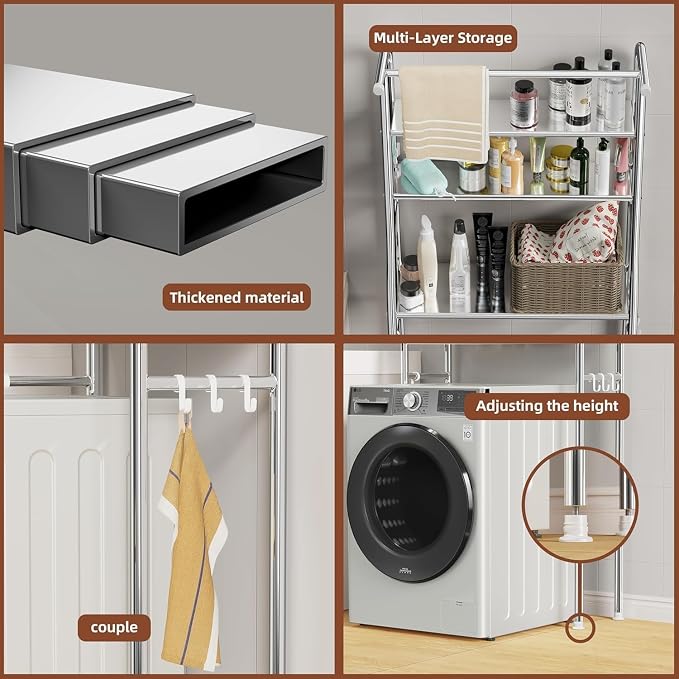 Over The Washer and Dryer Storage Shelf, 3 Tier Laundry Room Metal Drying Rack - Image 5