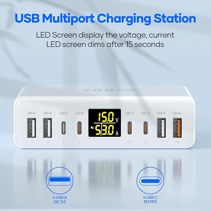 200W USB C Charger 8-Port with LED Display, USB Charging Station GaN Multiport - Image 3