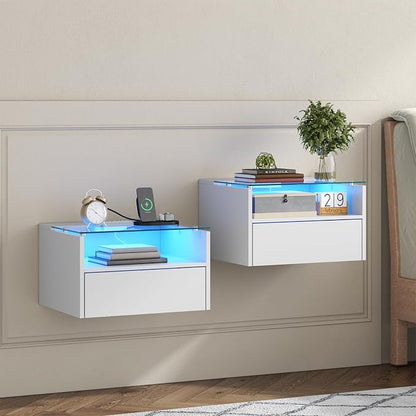 Loomie White Floating Nightstands Set of 2, 18.9” Bedside Table w/Charging - Image 9
