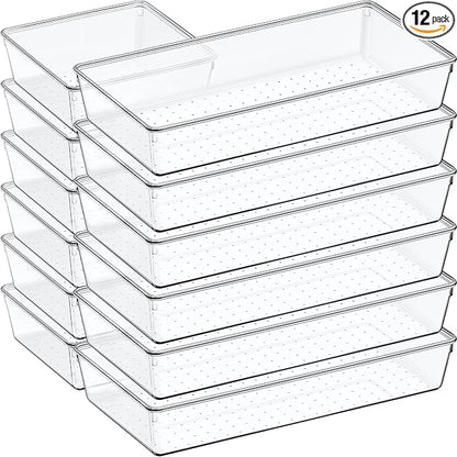 12 Pack Large Clear Plastic Drawer Organizer Set, Acrylic Bathroom Organizer by Criusia