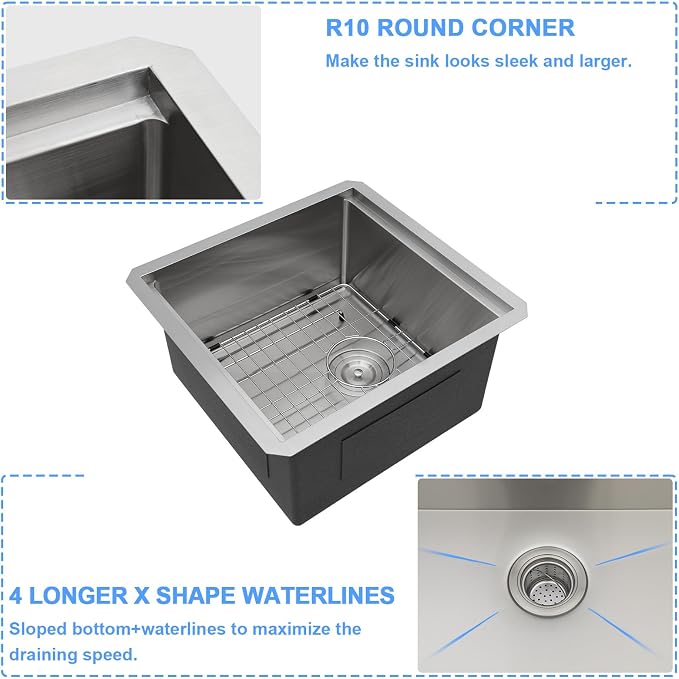 Lordear 15x17 Inch Undermount Kitchen Sink Bar Prep Sink 16 Gauge Stainless - Image 4
