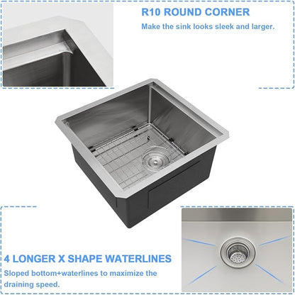 Lordear 15x17 Inch Undermount Kitchen Sink Bar Prep Sink 16 Gauge Stainless - Image 4