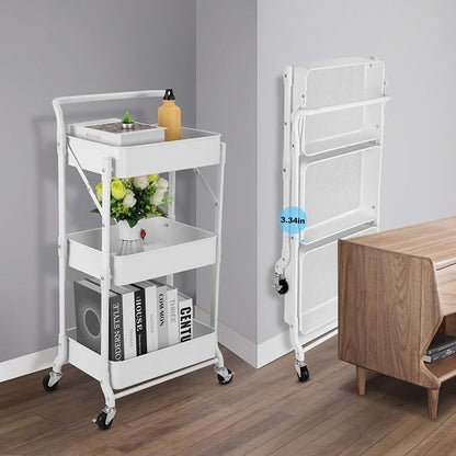 Foldable 3 Tier Metal Utility Rolling Cart, Folding Mobile Multi-Function - Image 6