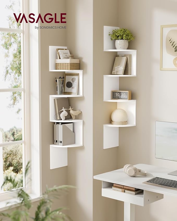 VASAGLE Corner Shelves Wall Mount, 4-Tier Floating Bookshelves, Cloud White - Image 2