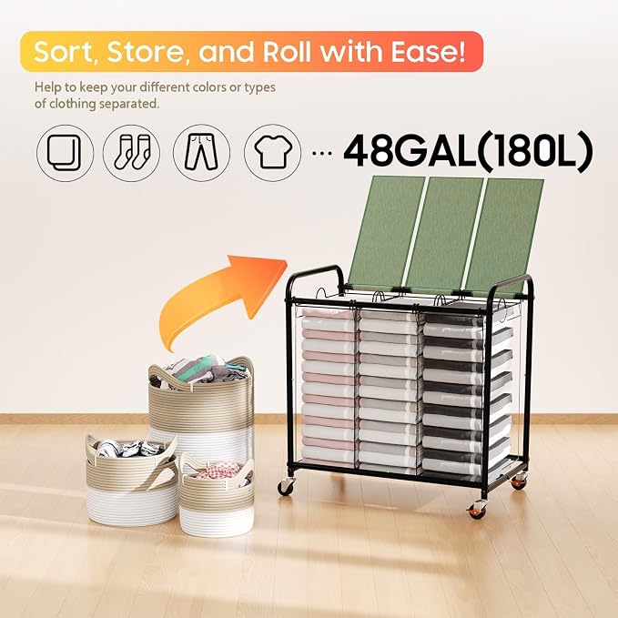 180L Laundry Sorter 3 Section, Rolling Laundry Basket - Image 6