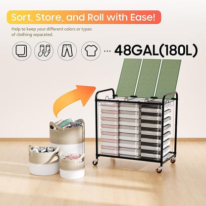 180L Laundry Sorter 3 Section, Rolling Laundry Basket - Image 6