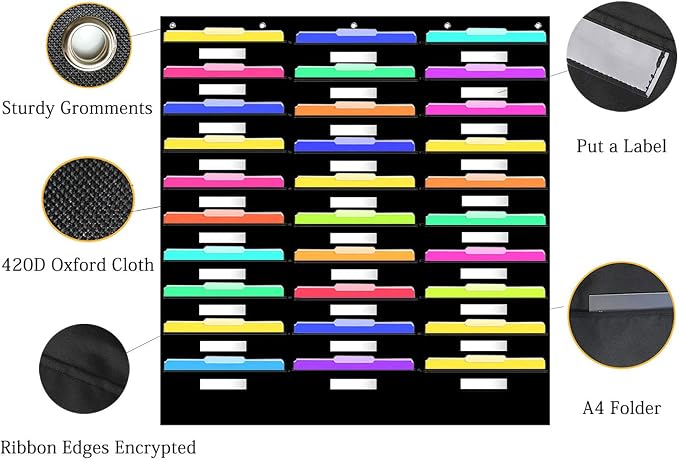 Hanging File Holder Organizer Rack, 30 Pocket File Folder Black, Wall Mount - Image 3