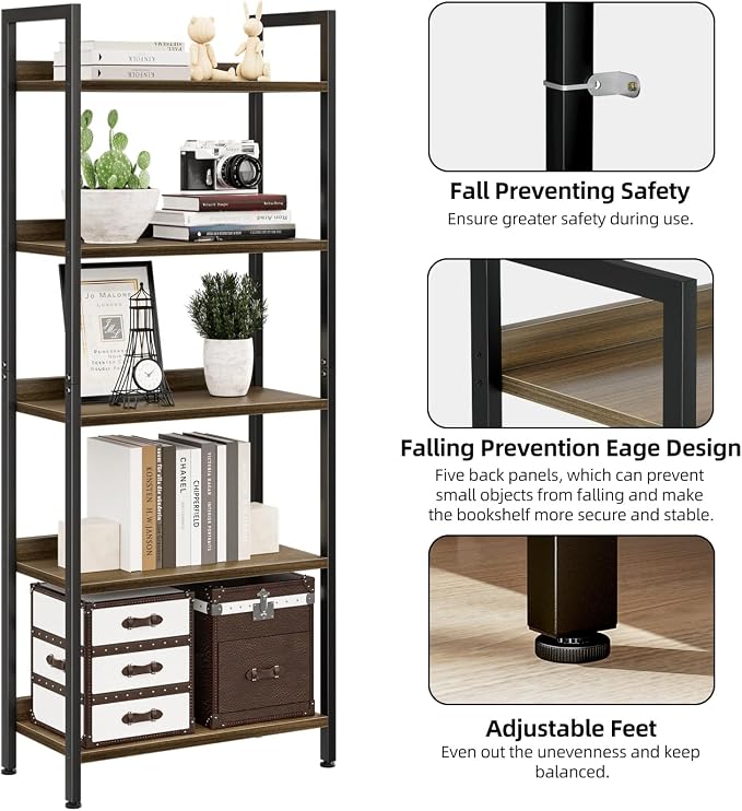 NUMENN Bookshelf, 5 Tier Freestanding Shelving Unit, Dark Walnut | Metal Frame - Image 6