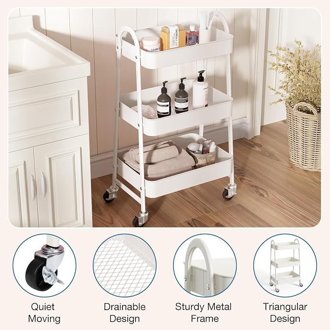 DUMOS 3 Tiers Metal Rolling Utility Cart - Image 3