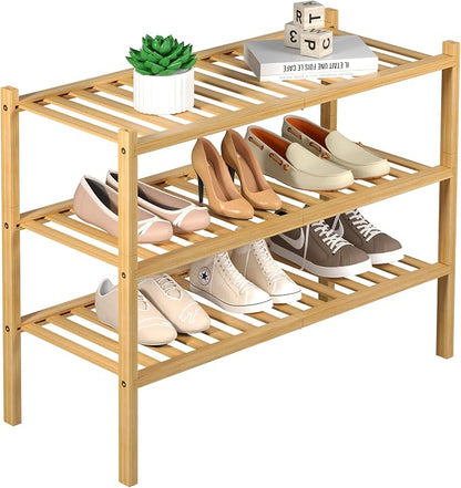 3 Tier Bamboo Shoe Rack for Closet Free Standing Wood Shoe Shelf Storage by ROMGUAR+CRAFT