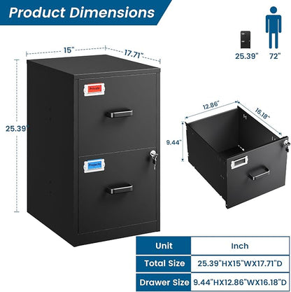 2 Drawer File Cabinet with Lock, 25.4" High Vertical Filing Cabinet, 17.7" Deep - Image 3