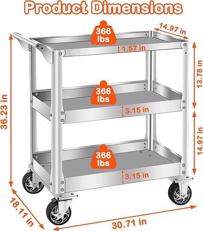 DDJ Stainless Steel Utility Cart on Wheels, 3-Tier 1100 lbs Heavy Duty Tool Cart - Image 7