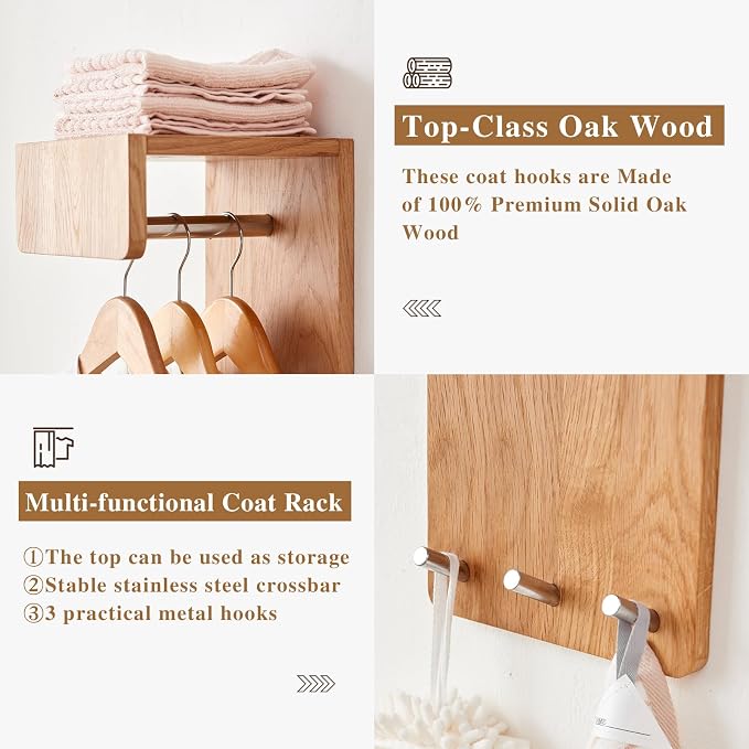 Oak Wood Coat Rack Wall Mount - Image 3