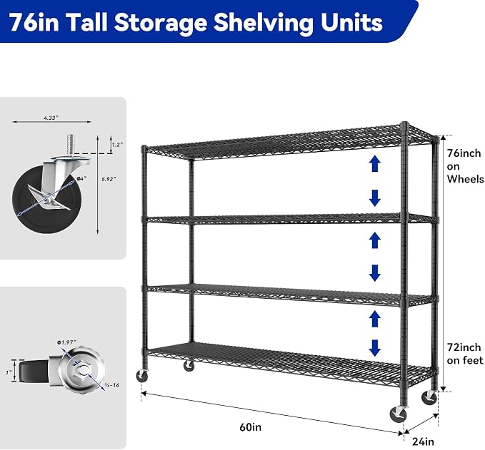 Storage Shelves with Wheels, 4-Tier Adjustable Metal Industrial Utility Shelf - Image 3