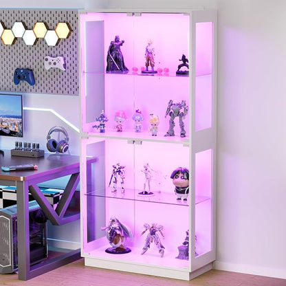 Display Cabinet with Glass Doors 4 Tier Glass Display Case with RGB LED Lights by QieerHior