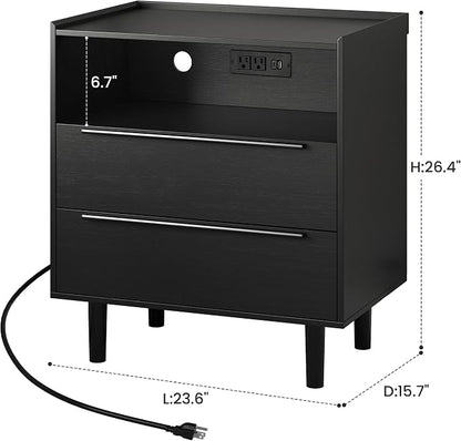 26" Tall Black Nightstand with Charging Station, 2 Drawer Contemporary Modern - Image 3