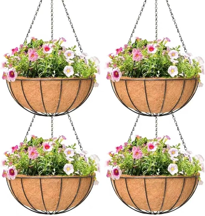 4 Pack 16 Inch Hanging Planters Outdoor Metal Hanging Flower Baskets by Qusuxi