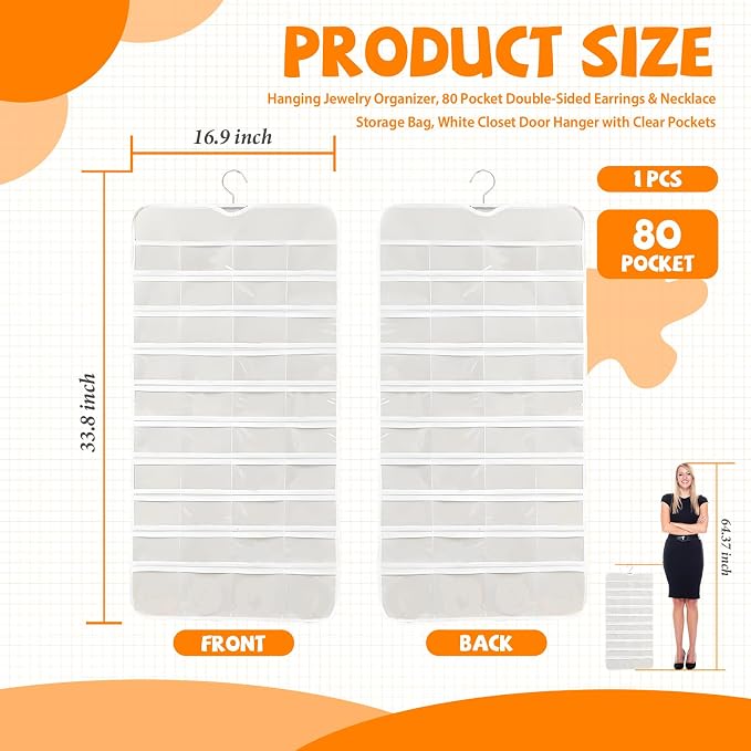 80 Pockets Hanging Jewelry Organizer, Double-Sided White Closet Jewelry Holder - Image 2