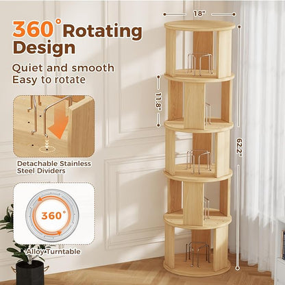 5 Tier Rotating Bookshelf Tower, 360° Display Round Bookcase, Floor Standing - Image 2