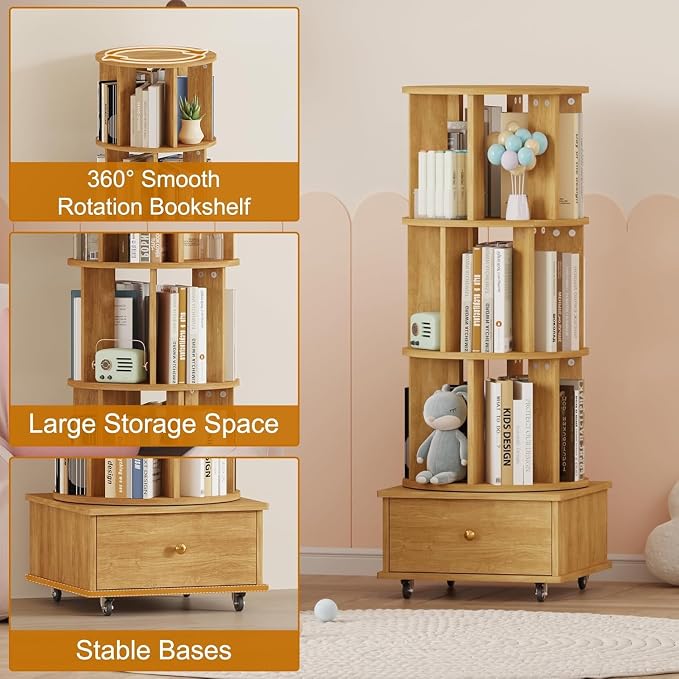 Rotating Bookshelf with Drawers on Lockable Wheels Wood Oak | 4 Tier Spinning - Image 4