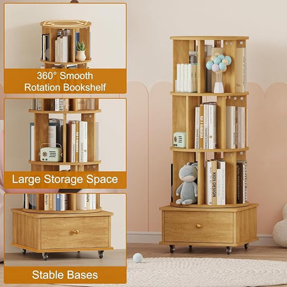 Rotating Bookshelf with Drawers on Lockable Wheels Wood Oak | 4 Tier Spinning - Image 4