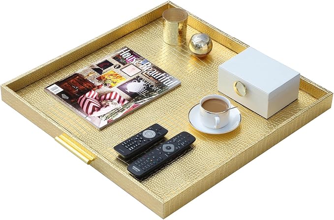 HofferRuffer Extra Large Square Serving Tray, Elegant Faux Leather Ottoman Tray - Image 4