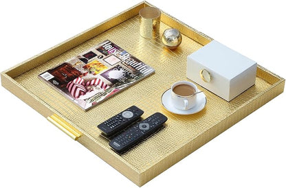 HofferRuffer Extra Large Square Serving Tray, Elegant Faux Leather Ottoman Tray - Image 4