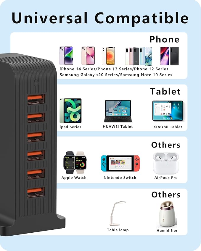 VPSUN USB Charger 6 Port 50W Multi USB Tower Charging Station - Image 4