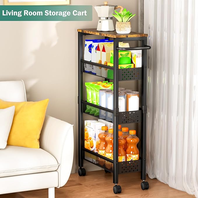 Utility Slim Storage Cart with Wheels, 4 Tier Small Rolling Cart with Wood Top - Image 6