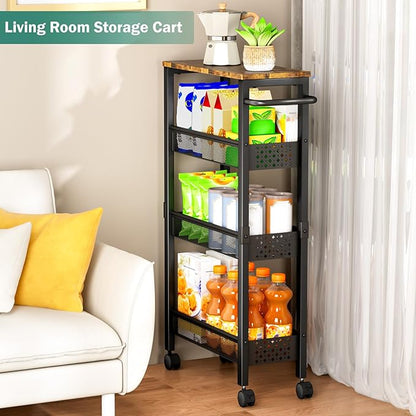 Utility Slim Storage Cart with Wheels, 4 Tier Small Rolling Cart with Wood Top - Image 6