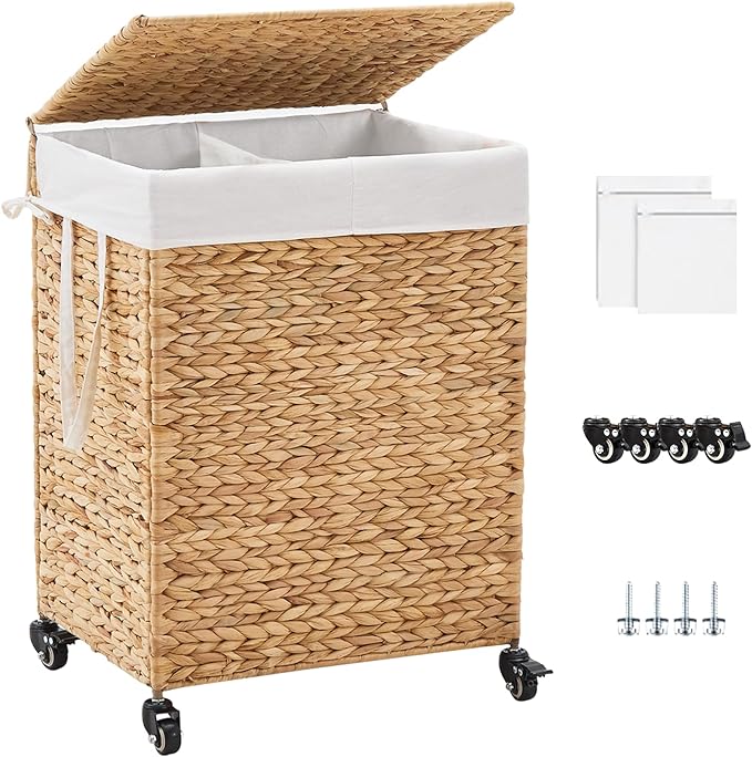 2-Section Laundry Hamper with Lid, Large Capacity Woven Natural Water Hyacinth by LGENHOOMHandwovenNaturalWaterHyacinthBasket