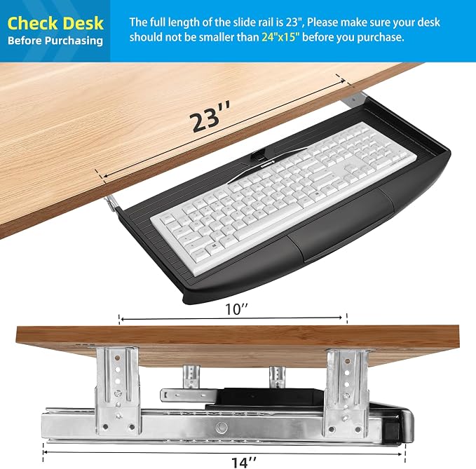 22"Wx11"D Under Desk Keyboard Tray Slide Out, Pull Out Keyboard Tray - Image 4