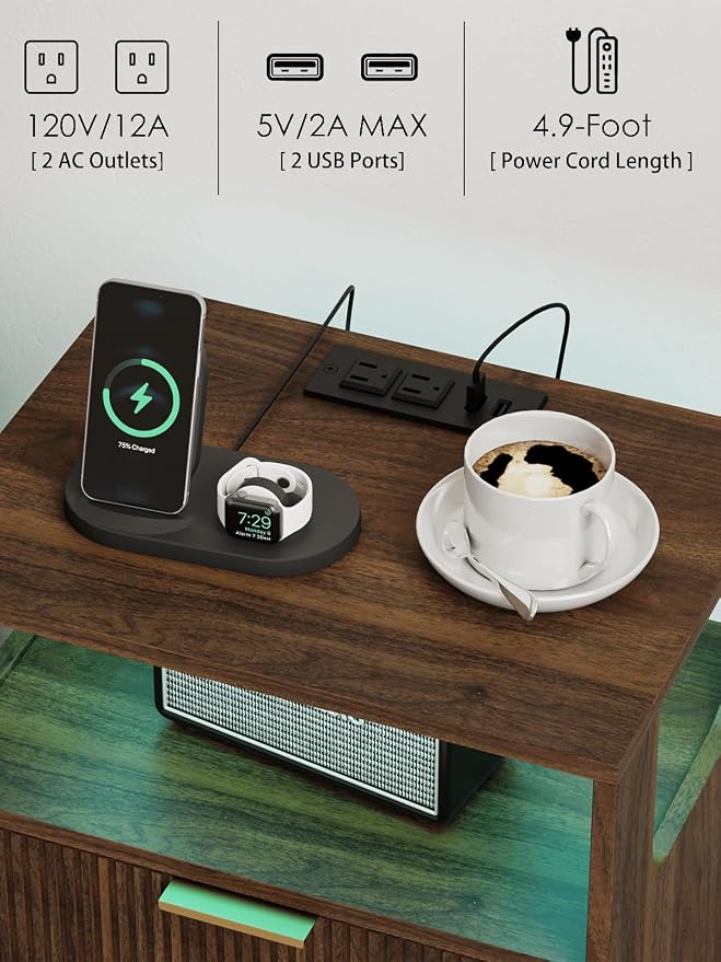 Nightstand with Charging Station and LED Lights, Modern Bedside Table with 2 - Image 6