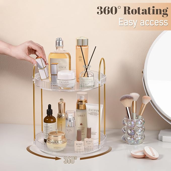 360° Rotating Makeup Organizer 2 Tier Large Capacity Perfume Skincare Tray - Image 2