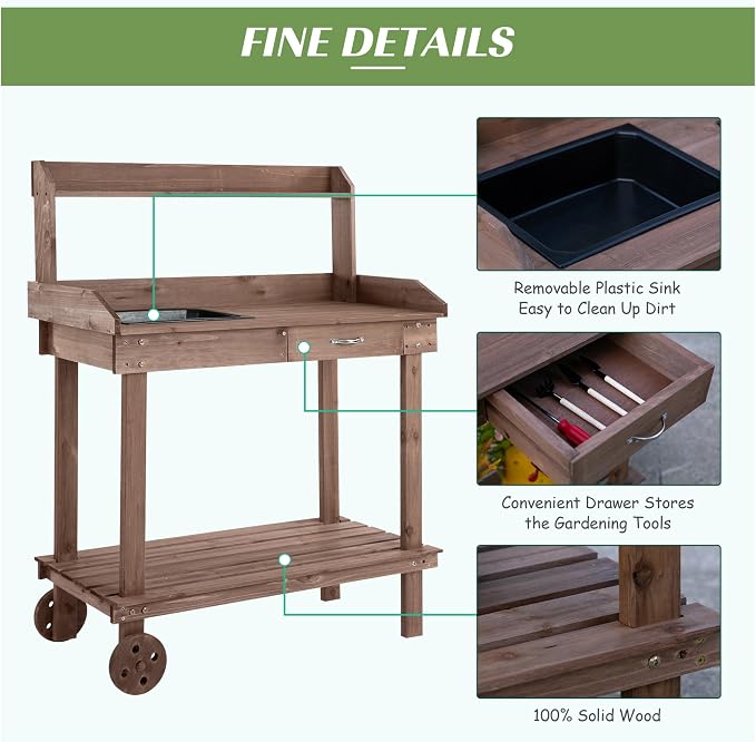 Wooden Potting Bench Outdoor Garden Work Table - Image 5