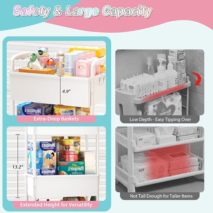 SUNALLY Baby Diaper Caddy Cart, 3 Tier Rolling Diaper Cart - Image 3