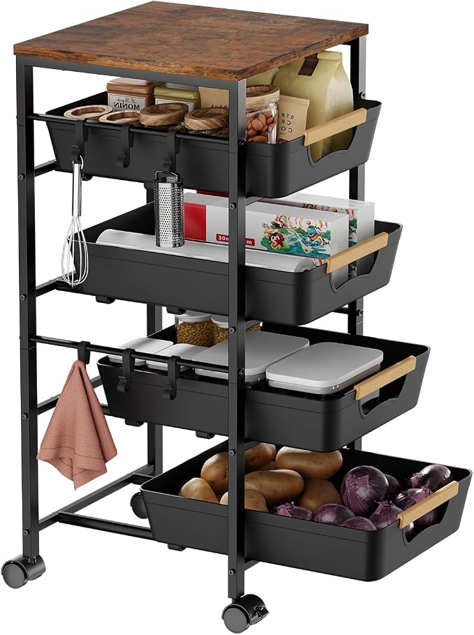 5-Tier Kitchen Storage Cart, Wood Top Rolling Cart Organizer by Unknown