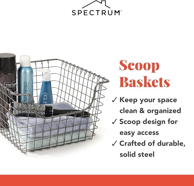 Spectrum Wire Scoop Basket Storage Bin Industrial Gray Medium Metal Wire Basket - Image 6