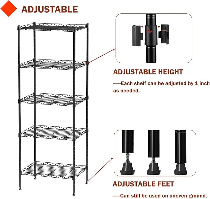 5 Tier Standing Metal Wire Shelving Unit, Adjustable Height, Storage Shelf Units - Image 5