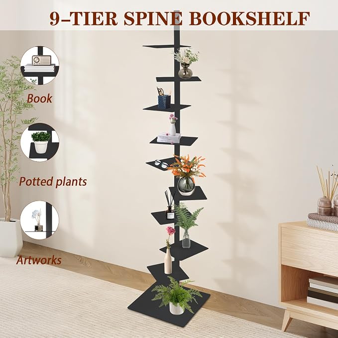 9 Tier Metal Spine Bookshelf Tower, Adjustable Vertical Tower - Image 4