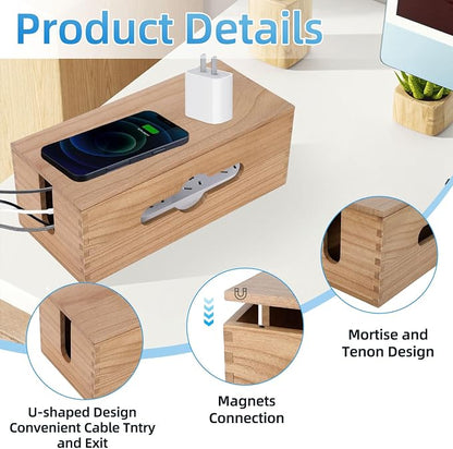 3PCS Wooden Cable Management Box Kit Wooden Cable Hider Storage Box Cord - Image 2