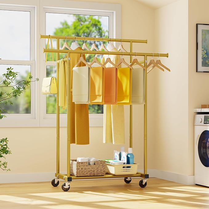 HYSEYY Double Rods Clothes Rack, Sturdy Rolling Clothing Rack, Portable - Image 9
