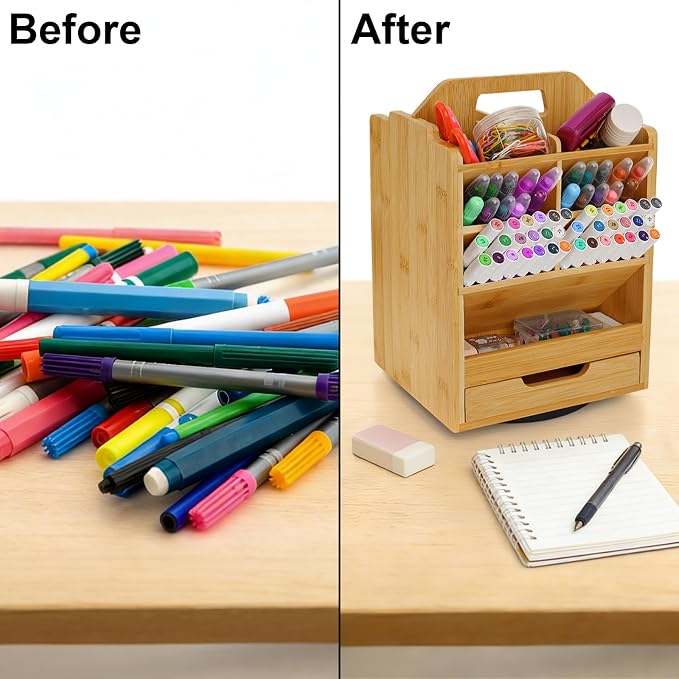 SOUJOY Bamboo Pen Holder Organizer, 360°Rotating Art Supply Storage Caddy - Image 6