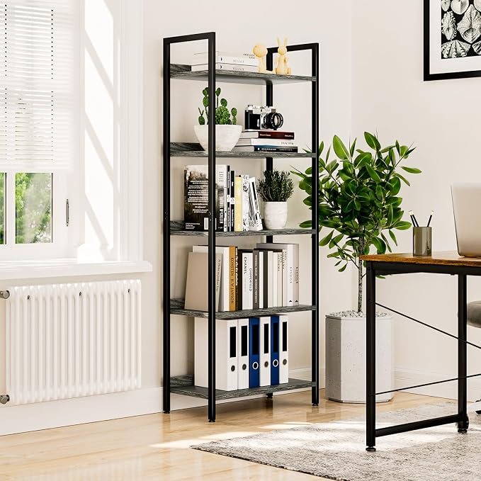 NUMENN Bookshelf, 5 Tier Freestanding Shelving Unit, Dark Grey | Metal Frame & - Image 4