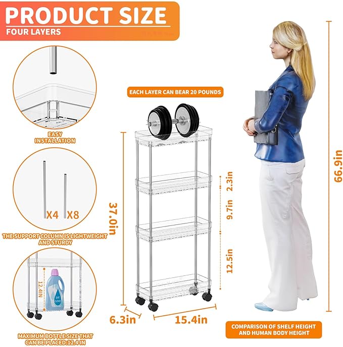 Yieach Clear 4 Tier Slim Rolling Storage Cart - Image 3